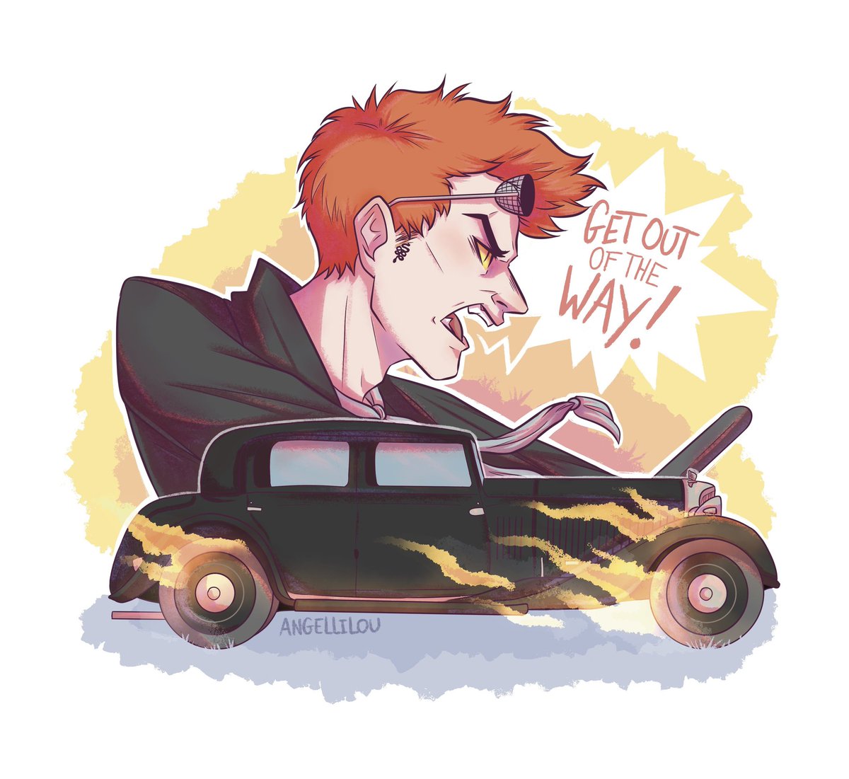 AngellilouArt's tweet photo. Vroom vroom !

#Crowley #goodomens #goodomensfanart https://t.co/DMZNUdbUE0