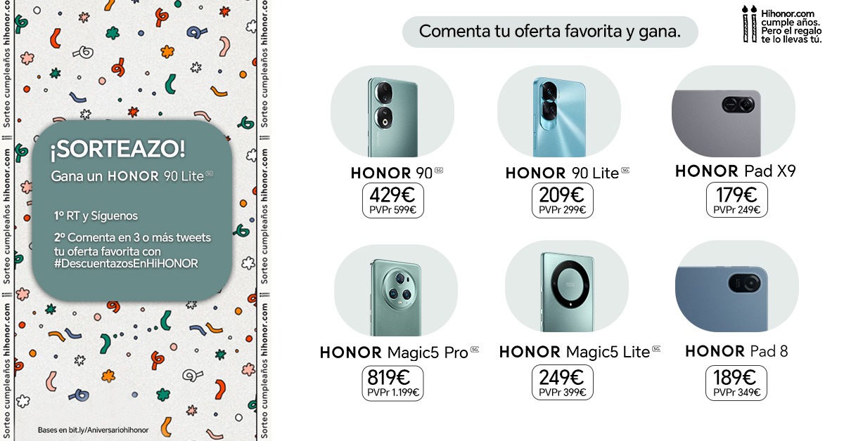 🎁SORTEAZO de ANIVERSARIO🎁
📱HONOR 90Lite

1️⃣Haz RT a este tweet y síguenos
2️⃣Comenta en 3 ó + tweets el producto de tu oferta favorita con el hashtag #DescuentazosEnHiHONOR

🎁A + tweets + posibilidades de ganar

🍀MUCHA SUERTE🍀
🛒Hasta 40% dto. en  hihonor.com