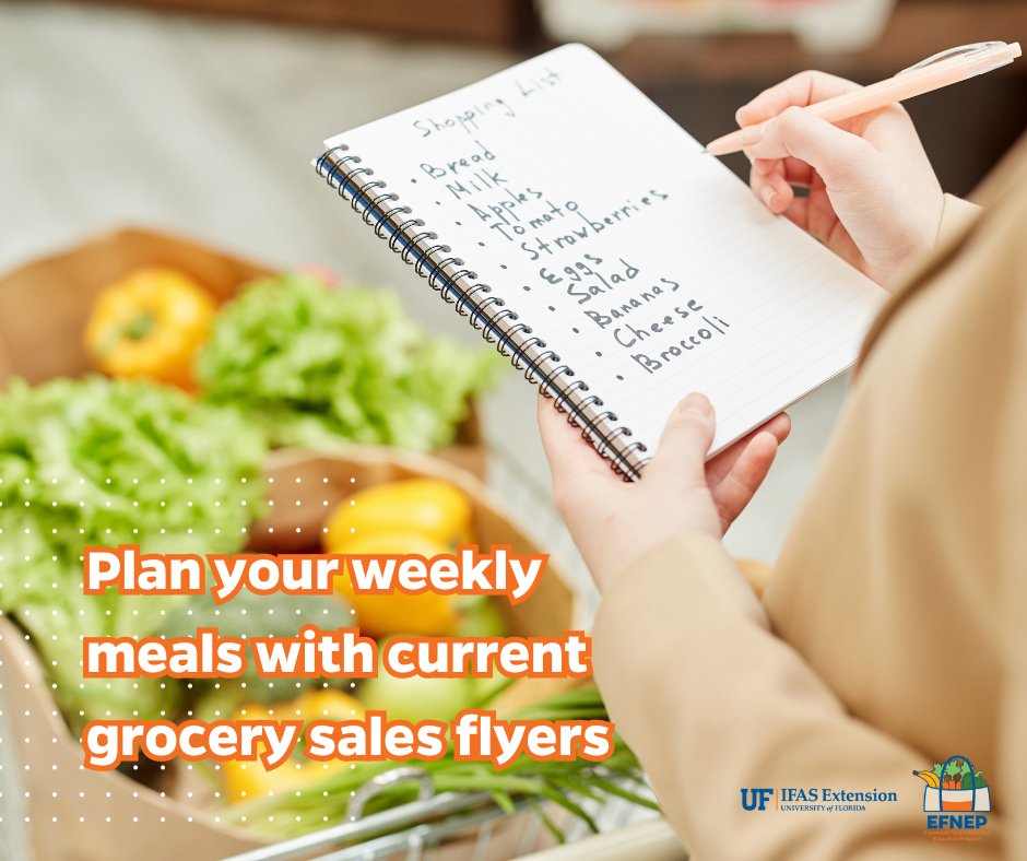 Plan your weekly meals with current grocery sales flyers. Buying food at sales helps you to save money! 🛒

#EFNEPworks #UFIFASExtensionFCS #meals #grocerylist