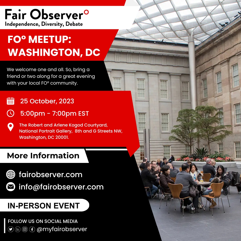 myfairobserver's tweet photo. FO° Meetup in Washington, DC: 5:00 to 7:00 PM Eastern Time on Wednesday, 25 October at The Robert and Arlene Kogod Courtyard, National Portrait Gallery, 8th and G Streets NW, Washington, DC 20001

#FOEvent #FOMeetup #Washington

Read more: https://t.co/RJRo7QBTuD https://t.co/PIy9795QGn