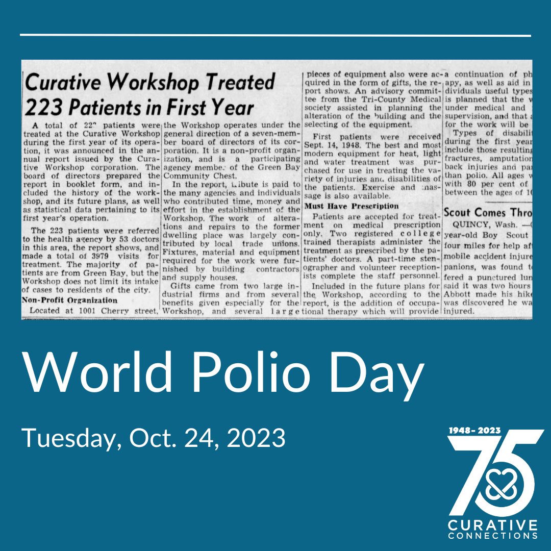 Today is #WorldPolioDay. In our 75th anniversary year, we have reflected on how our agency started with a focus on physical rehabilitation and serving people with polio. Learn more at our recent post on Facebook: facebook.com/curativeconnec…
#WorldPolioDay #wisconsinhistory