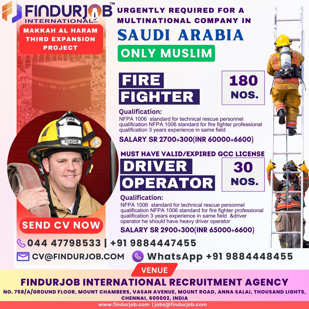 🔥Urgent Recruitment Alert: Firefighters & Driver Operators Needed in Saudi Arabia for Makkah AL Haram Third Expansion Project - Muslim Applicants Only! 🔥

Send your CV now to cv@findurjob.com,WhatsApp us at +91 9884448455

#FirefighterJobs #DriverOperator #ApplyNow #SaudiJobs