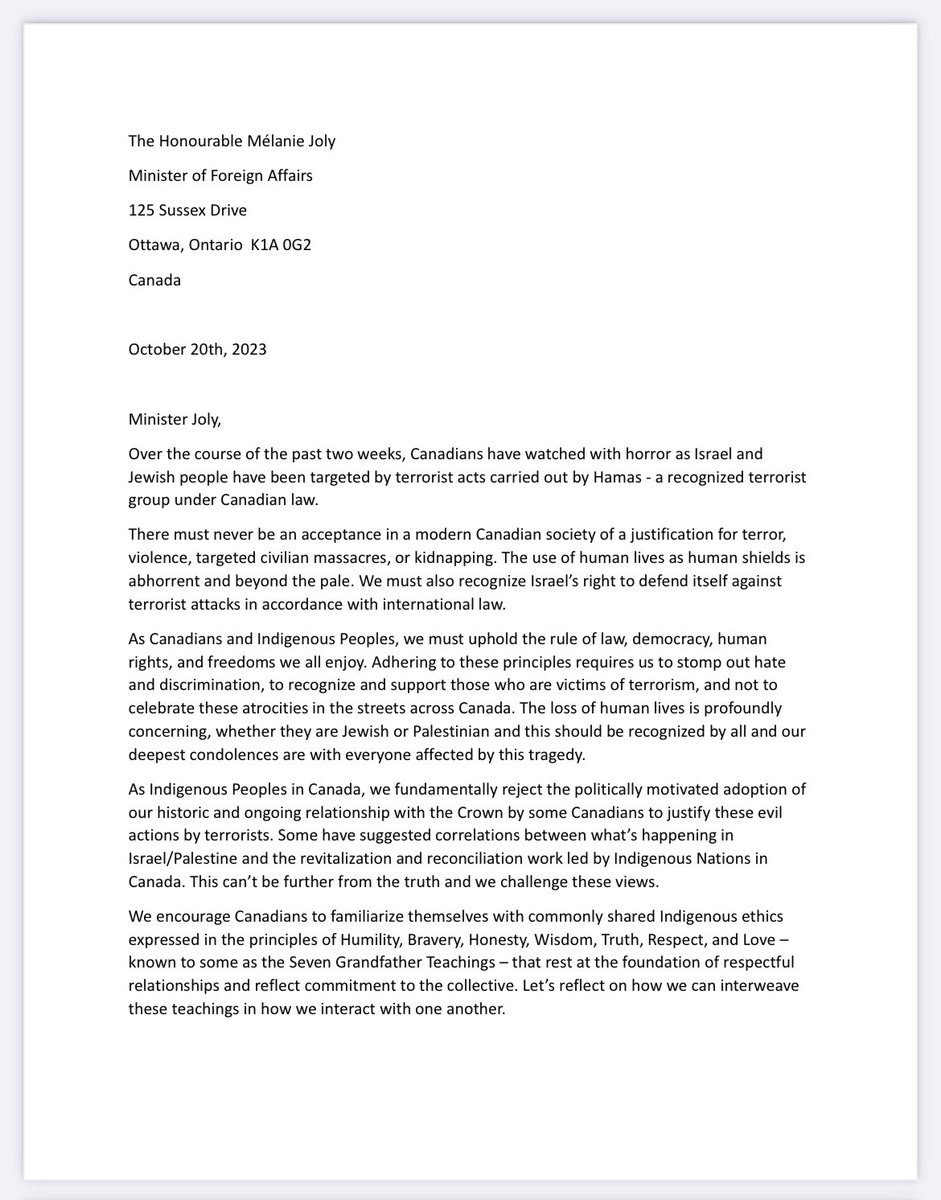 Last week, I co-signed a letter with other First Nations leaders to Minister Joly condemning the terrorist attacks by Hamas onto Israel and Jewish people. 

I stand with Israel and the Jewish community.

cc: <a href="/CJPAC/">CJPAC</a> <a href="/CIJAinfo/">CIJA</a>