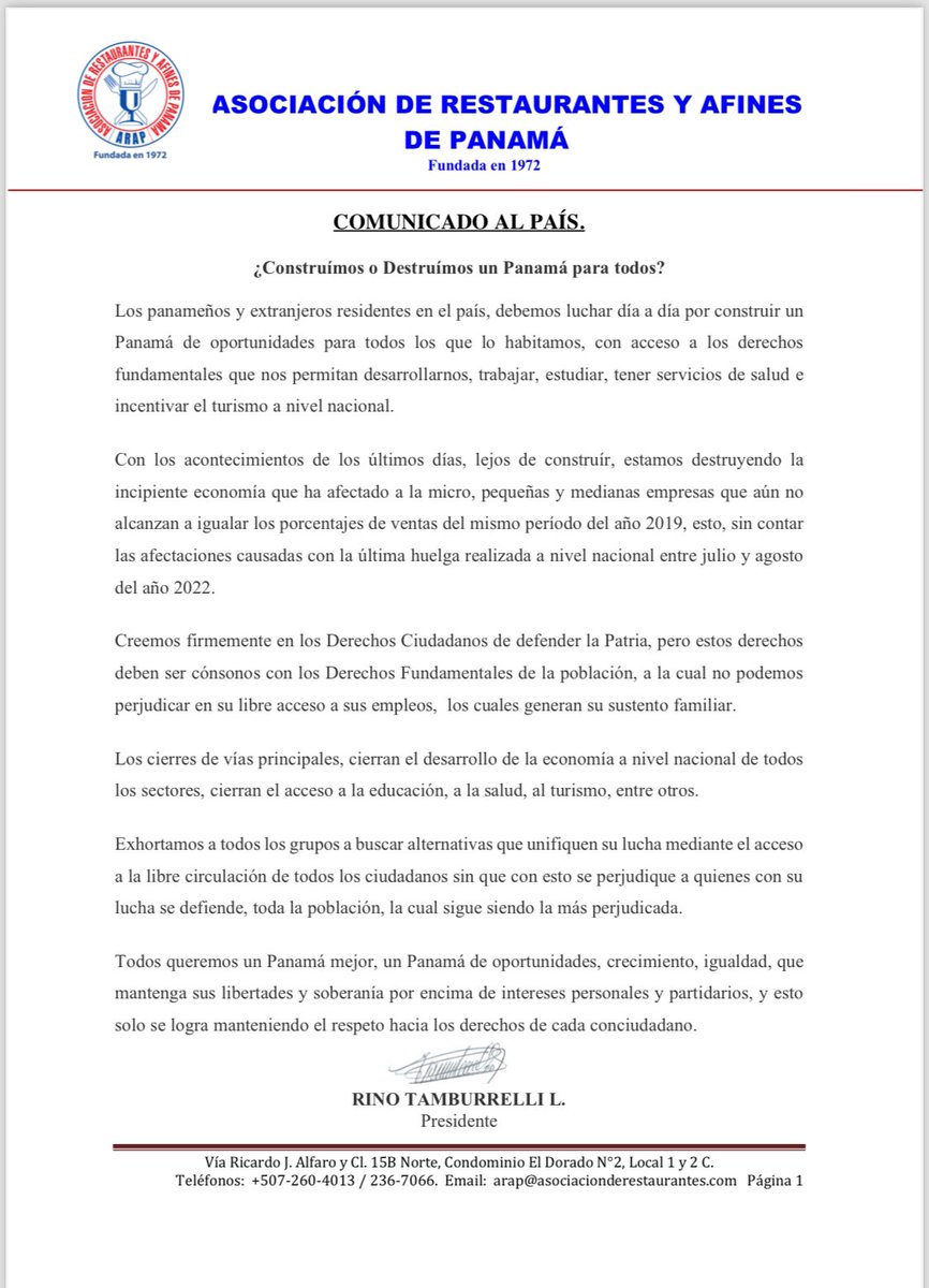 A las empresas nos costo mucho esfuerzo mantener los empleos después d la pandemia. 
Ahora q nos hemos recuperado, surge este cierre destructivo. Veo a Panamá sin jubilaciones, pensiones y sin empleos. Uds saben d sobra quienes son los culpables. 
Comunicado de los Restaurantes.