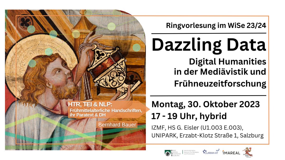 AtClariah's tweet photo. ⚡️am MO, 23.10. begrüßen @MHD_BDB et al. in der VO
»Dazzling Data. #DigitalHumanities in der #Mediävistik &amp; #Frühzeitneuforschung« Bernhard Bauer @Bernhard_Baver (@DH_Graz) der über #HTR, #TEI &amp; #NLProc in frühmittelalterlichen Handschriften berichtet:
👉https://t.co/JnbzIoTADR https://t.co/ZfIkYjDeCR