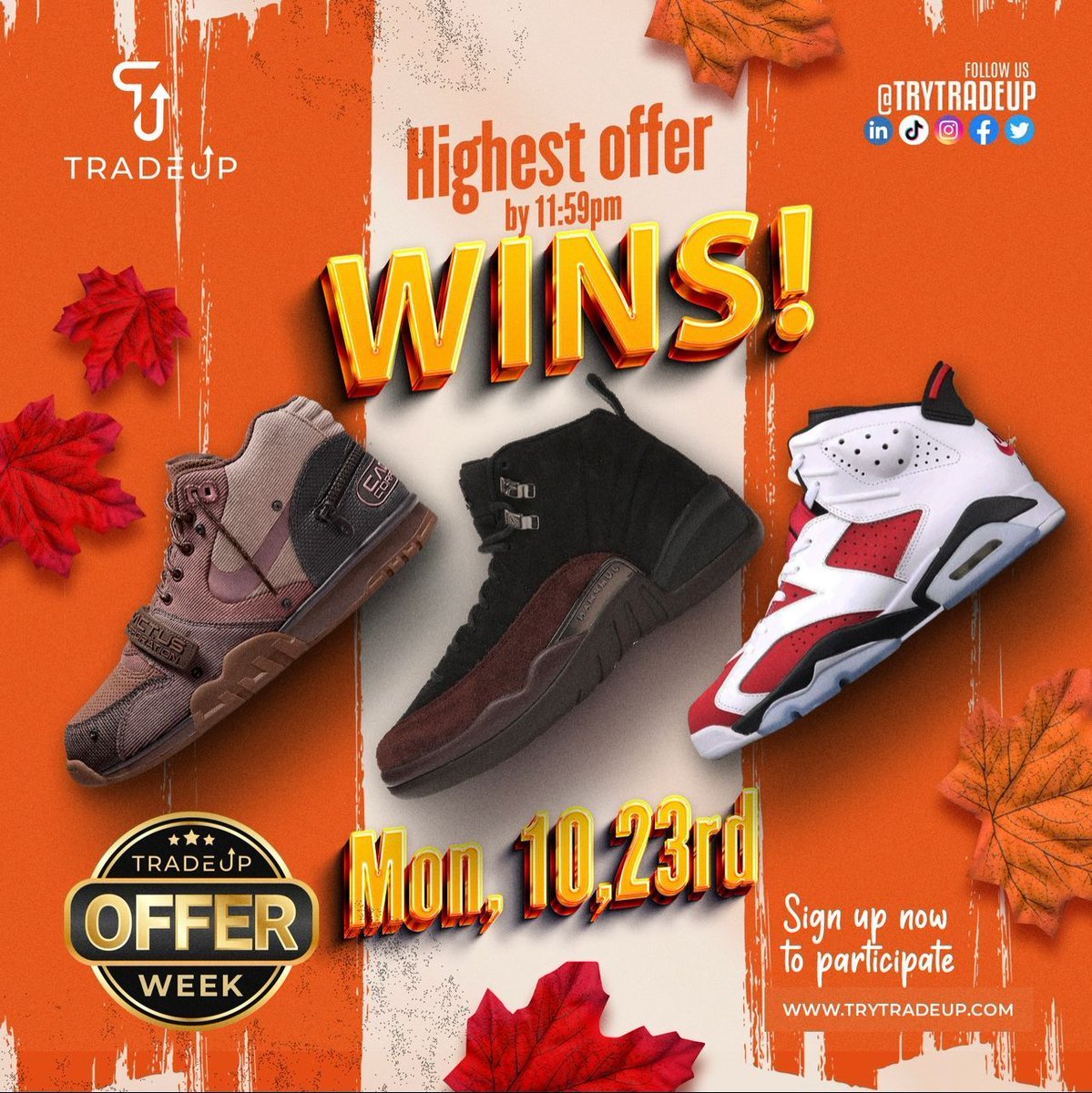 HelloTryTradeUp's tweet photo. Day 1 #TradeUpOfferWeek is TODAY! 
Highest offer by 11:59pm WINS!

Sneakers are LIVE under username @TradeUp collection! Hourly updates on all submitted bids will be emailed to all who participate.

#TradeUP #TryTradeUp #KicksasCurrency #TradewithTradeUp #sneakers #DoItAll https://t.co/dc8hTAytlB