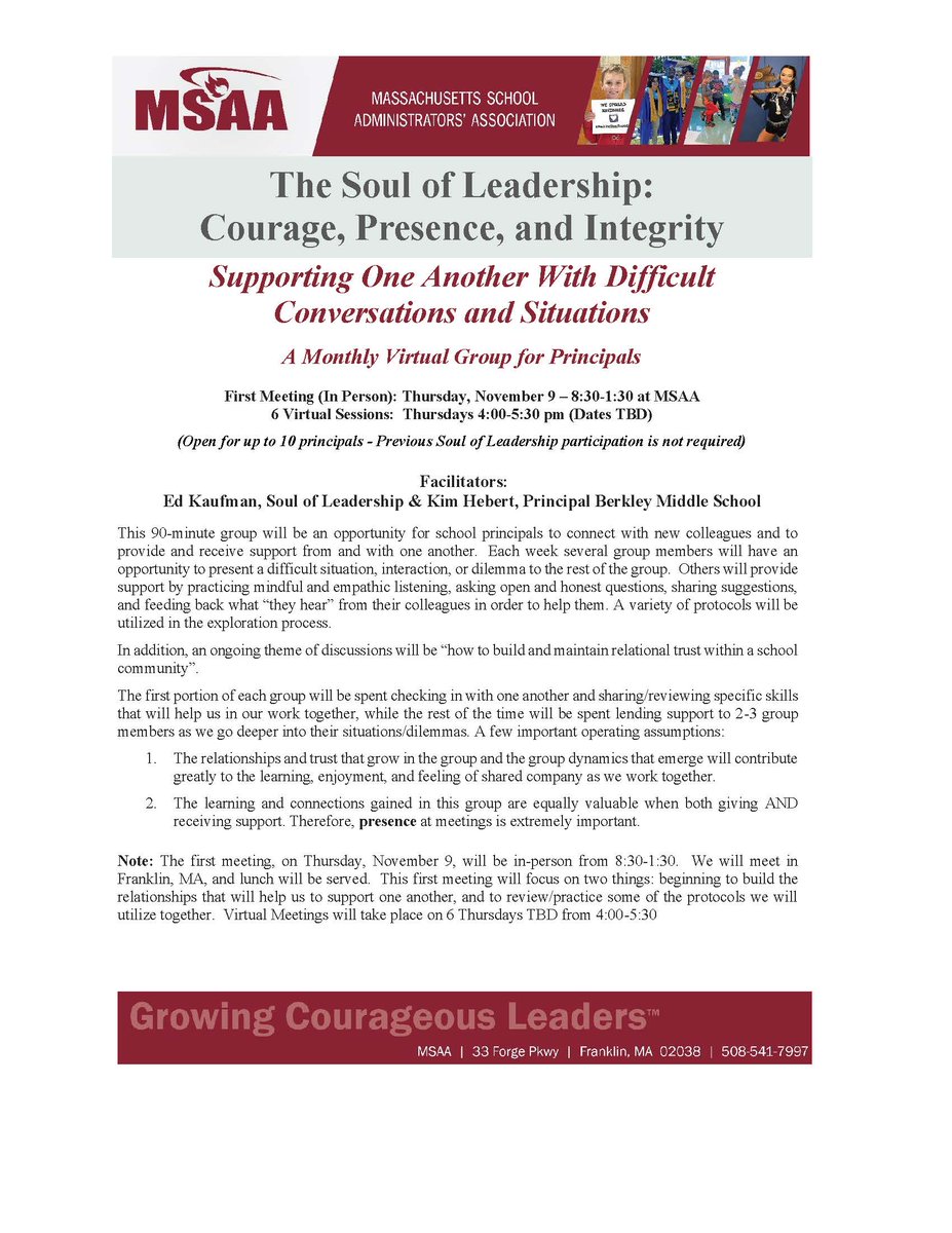 A Monthly Virtual Group for Principals-The Soul of Leadership: Courage, Presence, and Integrity Supporting One Another With Difficult Conversations and Situations Register Now!tinyurl.com/32frd6yn @PrincipalJQuinn @PrincipalGarden @YGB70 @SDubzinski @YGB70 @MonetteStacy