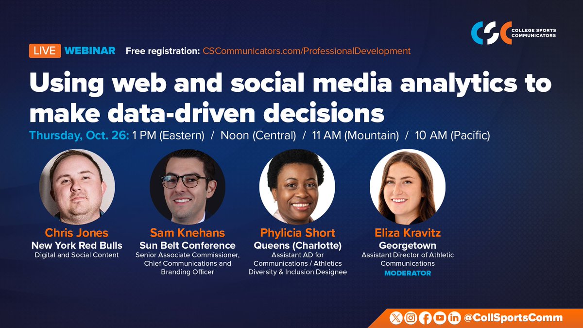 CollSportsComm's tweet photo. Is CSC's Thursday live webinar on your calendar? Join us, communicators &amp; creatives, to discuss using analytics to drive content decisions w/
@NewYorkRedBulls' @GameOfJones
@SunBelt's @SamKnehans
@QueensAthletics' @Fee_Short
@GeorgetownHoyas' @KravitzEliza
https://t.co/ZqEmYJz2IG https://t.co/D2S3mkwkKg