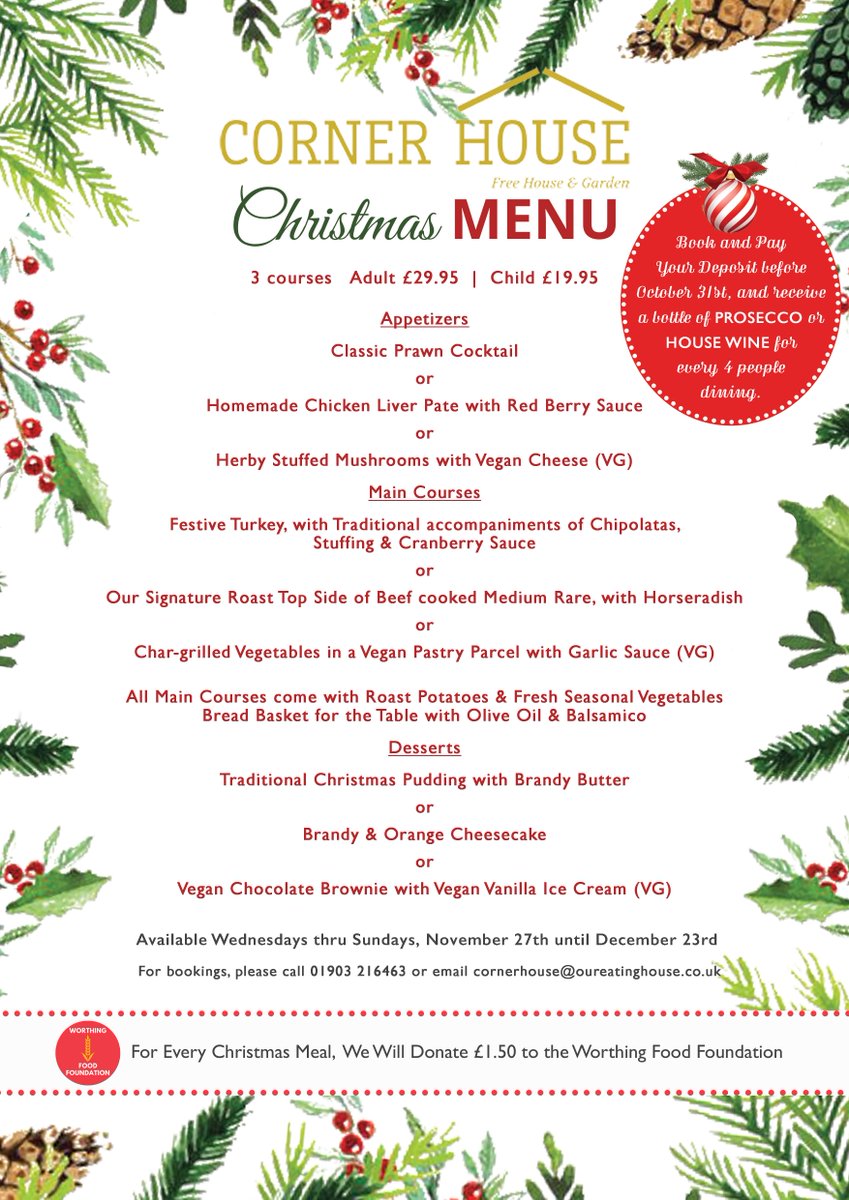 CHWorthing's tweet photo. Street of the Week is Oakleigh Road, with all residents receiving 15% off. Book & pay your Christmas party deposit before October 31, & for every four diners, we'll provide a complimentary bottle of House Wine or Prosecco #xmasmenu #worthingtowncentre #freeprosecco #worthing https://t.co/gf1DAenaZh