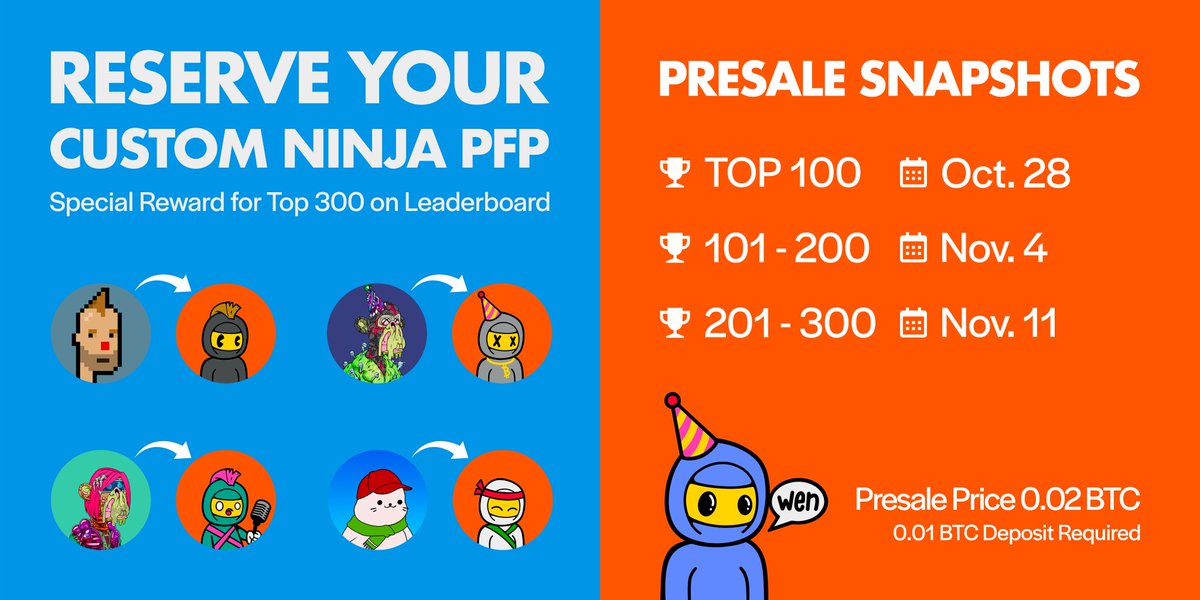 gm🌞 Bitcoin Ordinals Enjoyoors

The Custom Ninja Presale is here!

Snapshots will be taken each Saturday at 9pm ET

If you win, you will receive a DM and email from me the following day with next steps to customize your Ninja

The presale mint price is 0.02 BTC and requires a