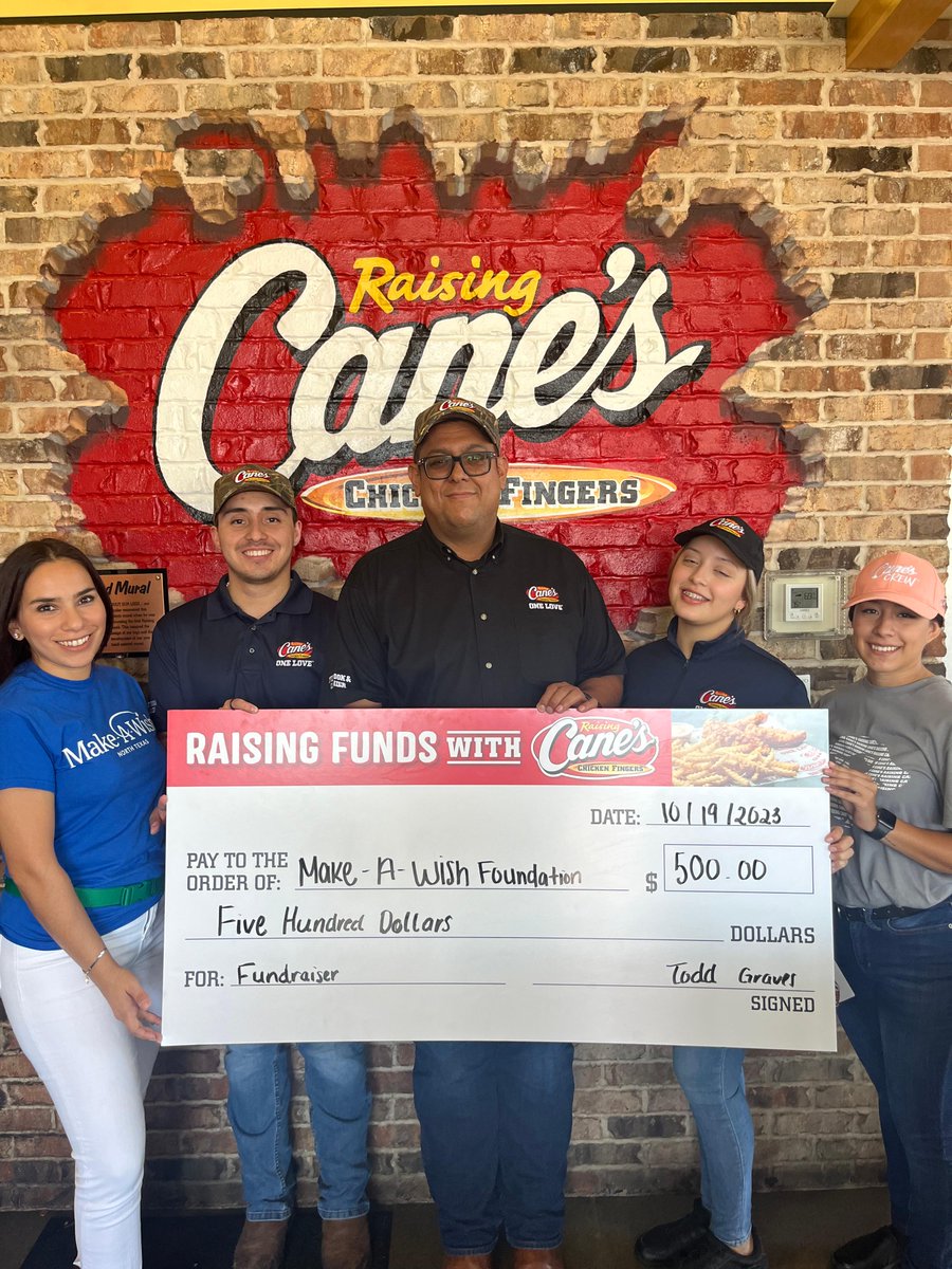 Make-A-Wish North Texas (@makeawishnt) on Twitter photo Thank you to <a href="/raisingcanes/">Raising Cane's</a> in El Paso for raising $500 to make more wishes come true for kids with critical illnesses! Wishes are 100 percent locally funded by donors, partners and businesses like Raising Cane's. ā Thank you to <a href="/raisingcanes/">Raising Cane's</a> in El Paso for raising $500 to make more wishes come true for kids with critical illnesses! Wishes are 100 percent locally funded by donors, partners and businesses like Raising Cane's. ā