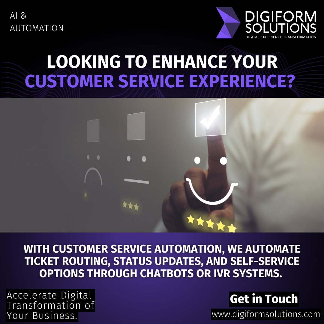digiformgroup's tweet image. Elevate Your Customer Service with Automation! 🤖
🎫 Customer Service Automation at its best: We automate ticket routing, provide real-time status updates, and offer self-service options through chatbots or IVR systems.
Your customers deserve the best.