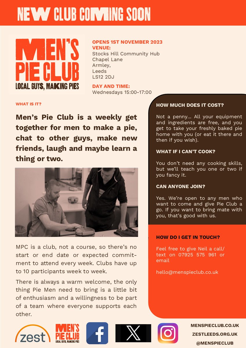 Calling all Leeds folks! Our newest Pie Club launches in Armley next week and we can't wait to get cracking. Please share with those who might like to get involved and drop us a line if you wish to sign up. @menspieclub @ZestLeeds @MovemberUK