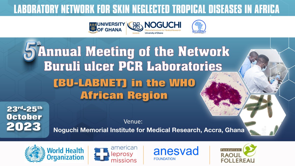 Happening Now!
The Fifth Annual Meeting of the Network of Buruli Ulcer PCR Laboratories (BU-LABNET) in the <a href="/WHO/">World Health Organization (WHO)</a>  African Region.
<a href="/NMIMR_UG/">Noguchi Memorial Institute for Medical Research</a> <a href="/CentrePasteur/">Centre Pasteur du Cameroun</a> 
#integration 
#skinNTDs
Kindly follow the link below to register for the meeting;
wacren.zoom.us/meeting/regist…