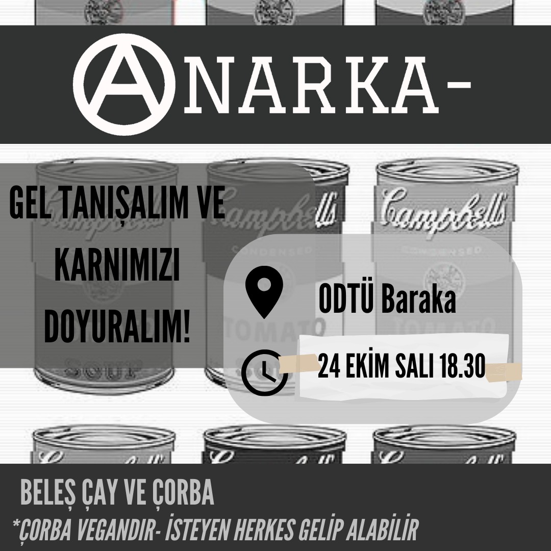 AnarkaDergi's tweet photo. Ertelemek durumunda kaldığımız etkinliğimizi bu hafta Salı günü gerçekleştiriyoruz!

Gelin tanışalım, karnımızı doyuralım!

Çay çorba içip tanışmak için bu Salı ODTÜ Baraka'da toplanıyoruz.

🗓️ SALI 18:30
📍 ODTÜ Baraka https://t.co/afWOJOFDVM
