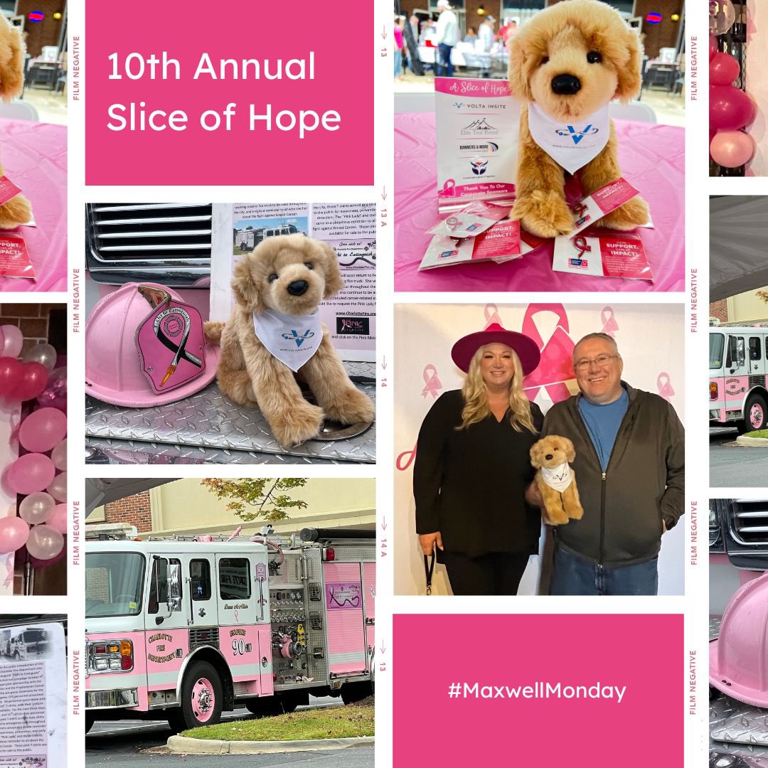 VoltaInsite's tweet photo. We were a proud sponsor of the 10th Annual A Slice of Hope event. Maxwell attended with Lauren Hilton &amp; @HowieBarber and had a photo op with the CFD's Pink Lady. Over $20,500 was raised to benefit the @AmericanCancer Society. #PinkOctober #RaiseAwareness #Charlotte #MaxwellMonday https://t.co/CuGSNagQ1R