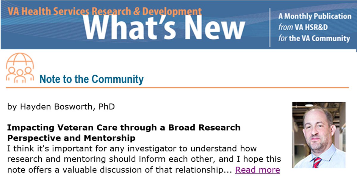 Check out the latest issue of the <a href="/vahsrd/">VA HSR</a>
newsletter featuring <a href="/HaydenBosworth/">Hayden Bosworth</a>'s work impacting Veteran care through a broad research perspective &amp; #mentorship 📣tinyurl.com/mr2rb7w7