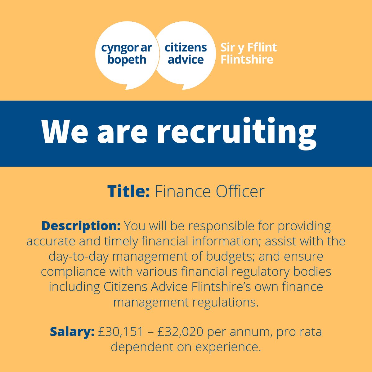 📊 Join Our Finance Team 📈 We're looking for a finance enthusiast to be a part of our dynamic team. This might be your dream role if you are passionate about numbers and community impact. Click the link below for details and to apply! flintshirecab.org.uk/work-with-us/ 

#FinanceJob