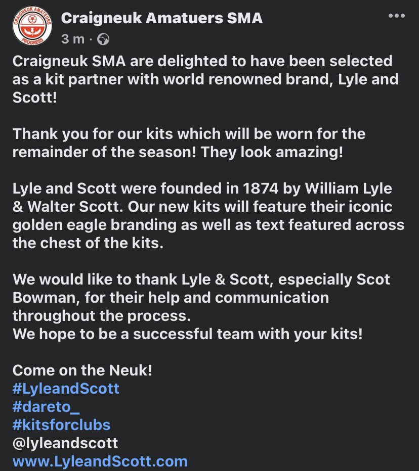 Craigneuk_SMA's tweet photo. Craigneuk SMA are delighted to have been selected as a kit partner with world renowned brand, Lyle and Scott! 

Thank you for our kits which will be worn for the remainder of the season

Come on the Neuk! 
#LyleandScott
#dareto_
#kitsforclubs
@lyleandscott https://t.co/IeUl6JsALN