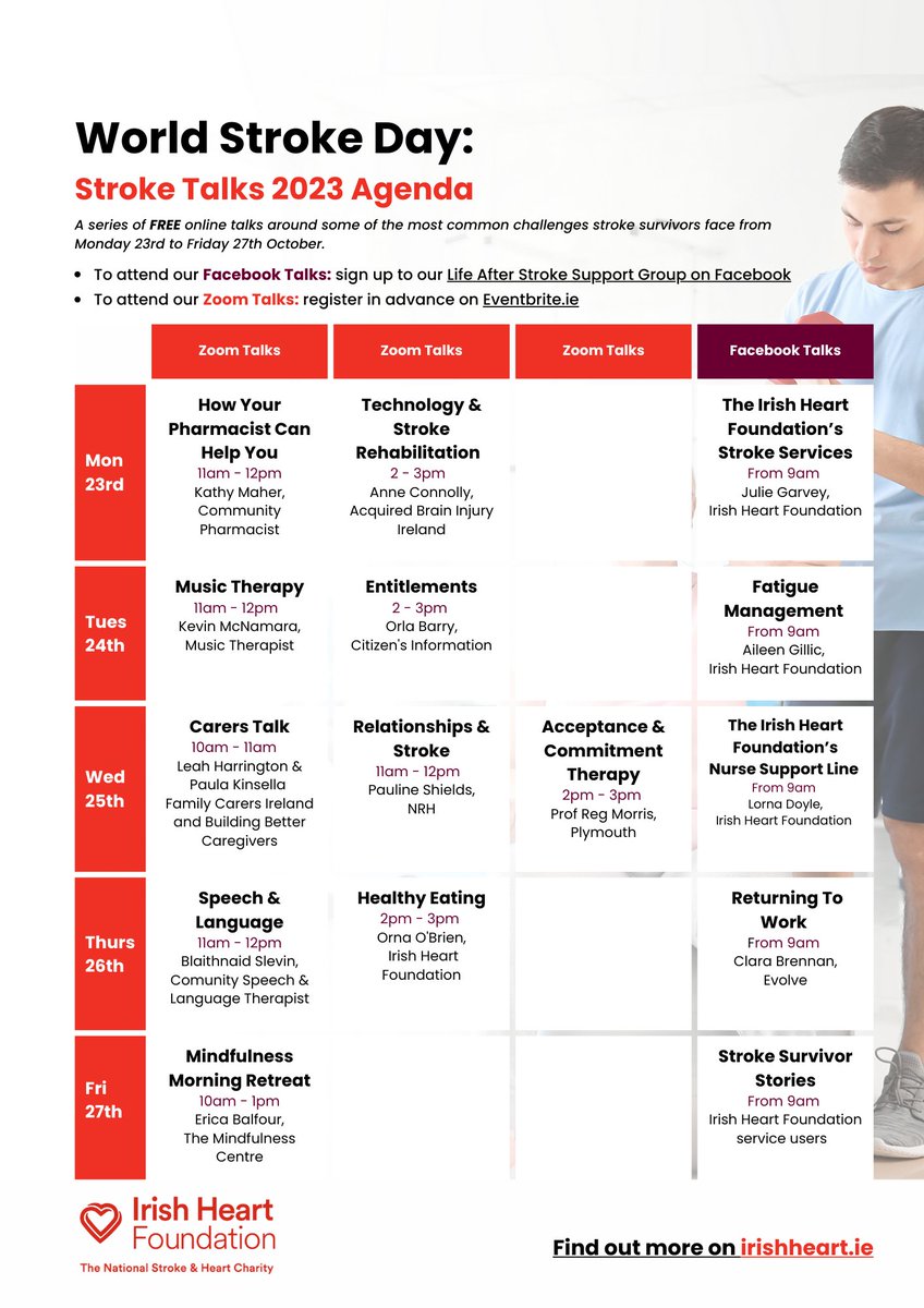 Irishheart_ie's tweet photo. We're hosting a series of free online talks from Mon 23- Fri 27 Oct

Ft. stroke survivors, health professionals &amp; experts, this series of talks will provide practical advice &amp; guidance to help #stroke survivors live well at home

Register: https://t.co/gWb1cOB1FA

#WorldStrokeDay https://t.co/WAhVXZi6Ap