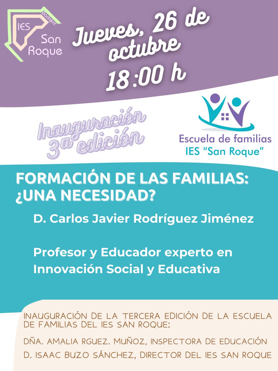 Con gran alegría, animados por toda la comunidad educativa, inauguramos la 3ª edición de #LaEscuelaDeFamilias del <a href="/IesSanRoque/">IES San Roque</a> de la mano de D. CARLOS JAVIER RODRÍGUEZ JIMÉNEZ. Familias y profesorado trabajando juntos. 😘👇
pemejoraiessanroque.blogspot.com/?m=1