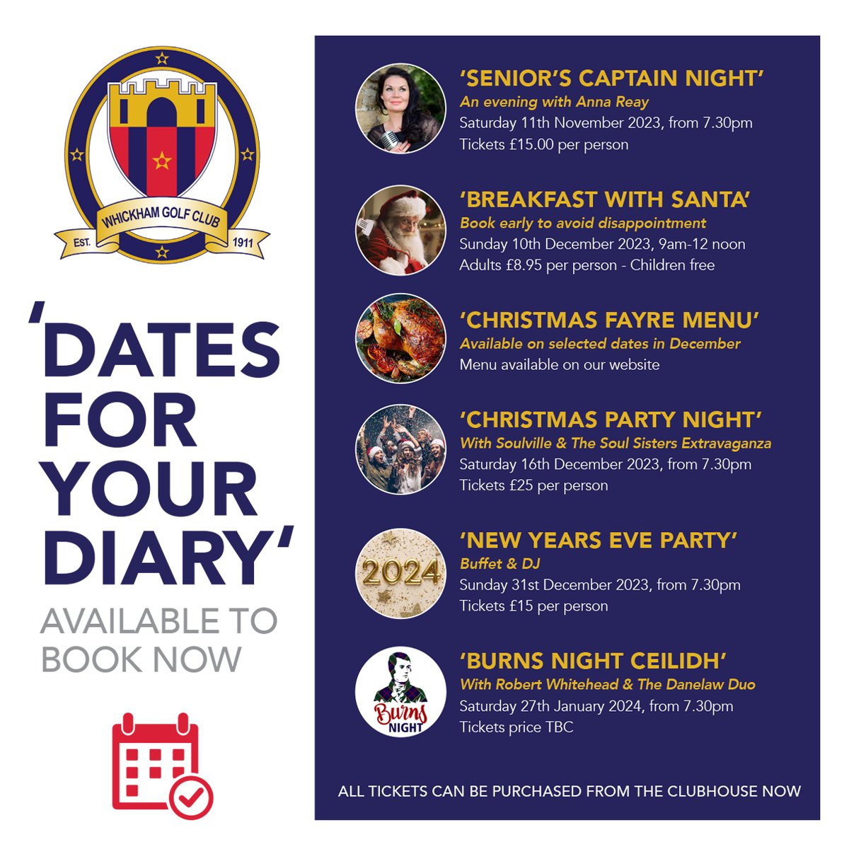🎉 Dates For You’re Diary 🎉 

Tickets for each of the below events can be purchased from the Clubhouse Bar!