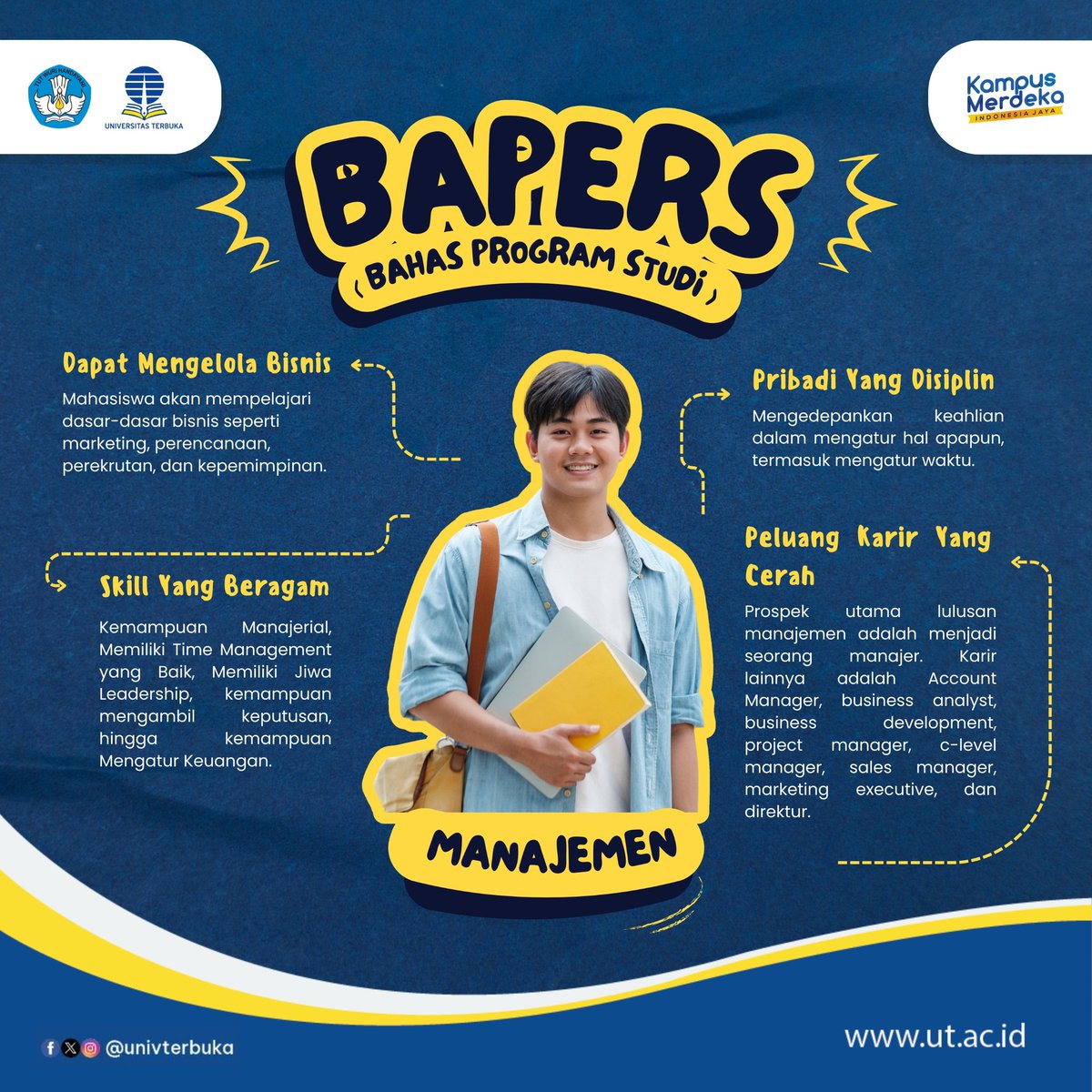 UnivTerbuka's tweet photo. Halo Sahabat UT, edisi BAPERS (Bahas Program Studi) kali ini tentang Program Studi S1 Manajemen.
Yuk simak bahasan prodinya di gambar.

https://t.co/jpe7B01v1E

#UniversitasTerbuka #InfoUT #ProdiManajemen https://t.co/EJDMbN1GrQ