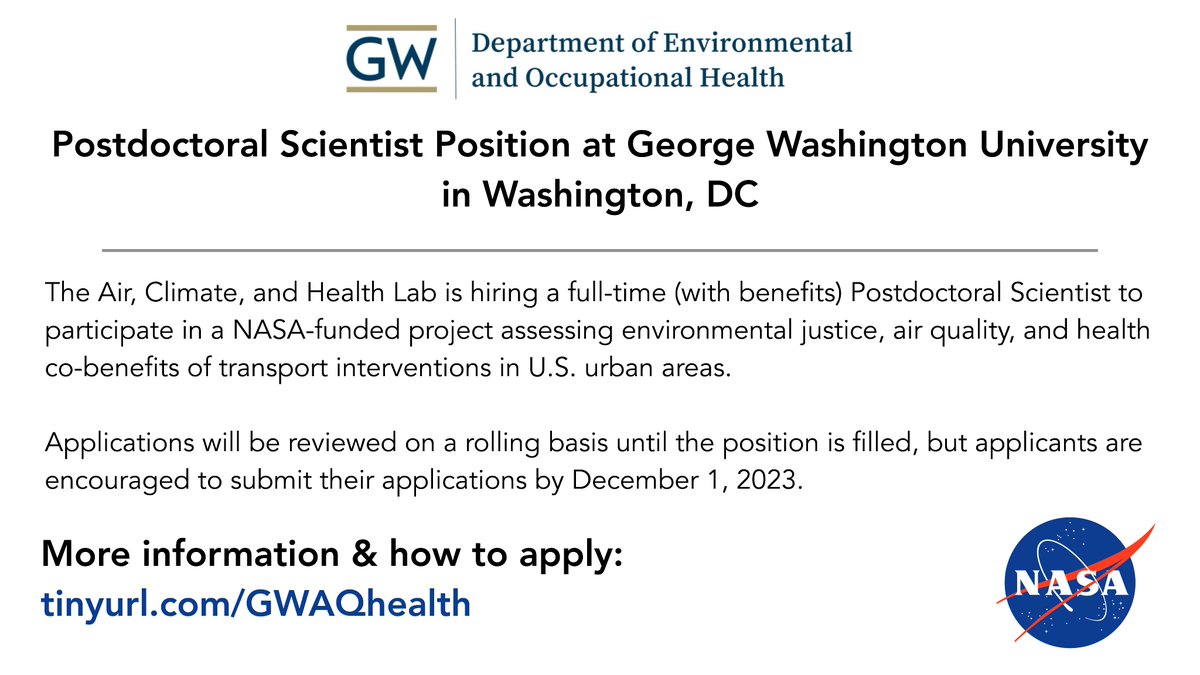 I’m hiring a postdoc to explore how rethinking urban transportation can benefit air quality, health, and justice. GW and DC are great places to work, live, and grow, and you'll get to hang out with me, @DGoldbergAQ, and @SusanAnenberg! Please share🔁: gwu.jobs/postings/106544