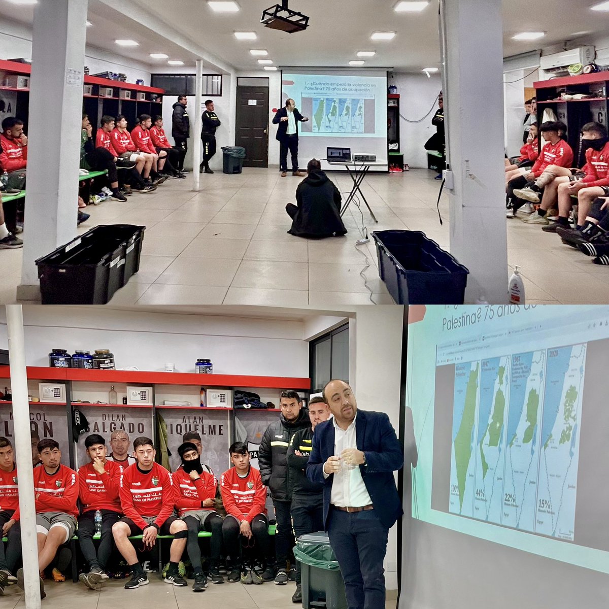 Esta mañana nuestro primer equipo recibió una charla sobre la historia del pueblo palestino y la crisis humanitaria que vive actualmente la población de la Franja de Gaza. Llevamos esta camiseta con orgullo y gran responsabilidad, por eso hablamos del dolor de #TodoUnPueblo 🇵🇸