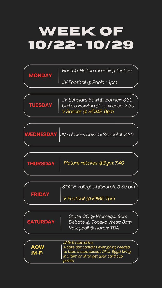 It’s a great week to be a card! Lots of exciting stuff is happening!! Let’s go and support our peers at their activities! It’s gonna be a great week!