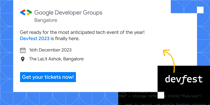 GDGBLR's tweet photo. 📢 The wait is over! Devfest 2023 is all set for 16th December at The LaLiT Ashok Bengaluru.

Be part of the innovation. Tickets are available now.
🔗 https://t.co/HZQFGseygR

#DevFest2023 #GDGBangalore #GoogleDeveloperGroups https://t.co/BFRdQUyGQT