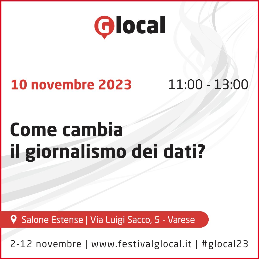 Venerdì 10 novembre, ore 11:00, in Salone Estense
Il data journalism ha grandi potenzialità ma in Italia fa fatica ad affermarsi. Come possiamo migliorare? Ne parliamo con <a href="/ricksorrentino/">Riccardo Sorrentino</a> <a href="/lucatremolada/">Luca Tremolada</a> <a href="/tomasobassani/">Tomaso Bassani</a> Marzia Antenore a #glocal23
festivalglocal.it/incontro/come-…