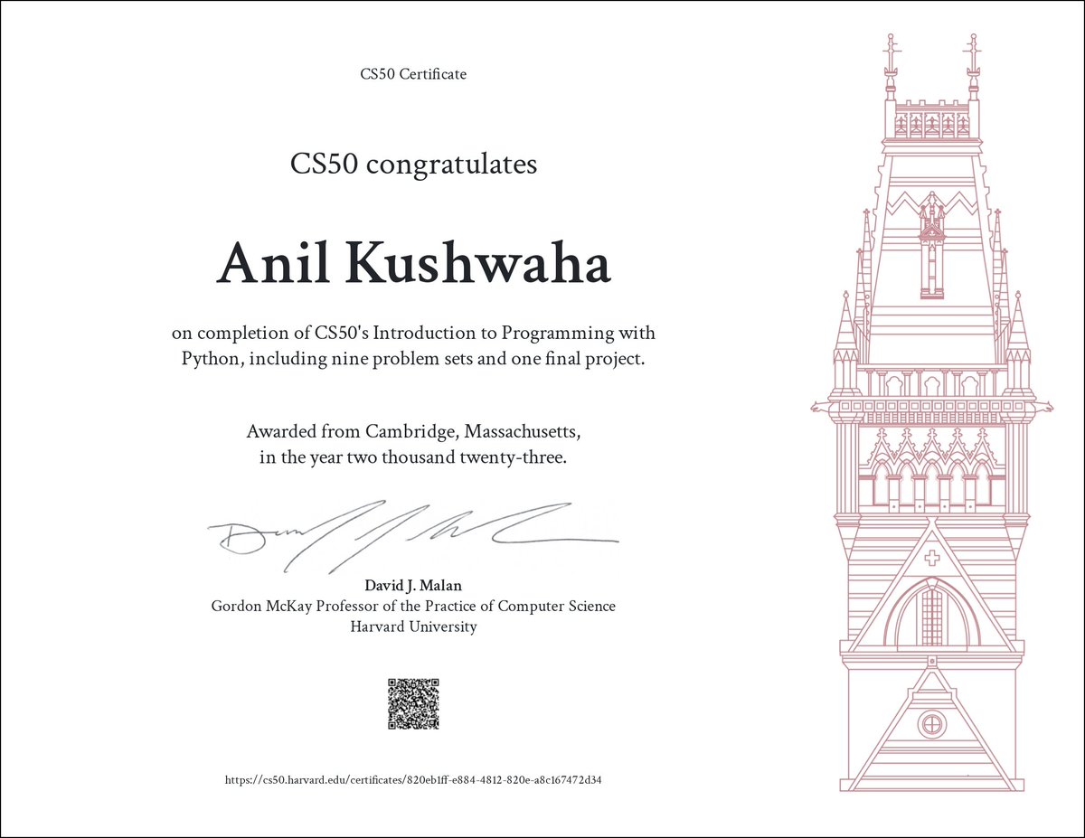 Today i Got one more CS50's cert. 

Watchout my SQL's final Project: youtu.be/jrWBTnVyULE?si… ❤

Thankyou Sir, Carter Zenke ❤
Thankyou Sir, <a href="/davidjmalan/">David J. Malan</a> ❤

CS50 is AWESOME 😍

This was CS50 ❤🔥🧲

;`)