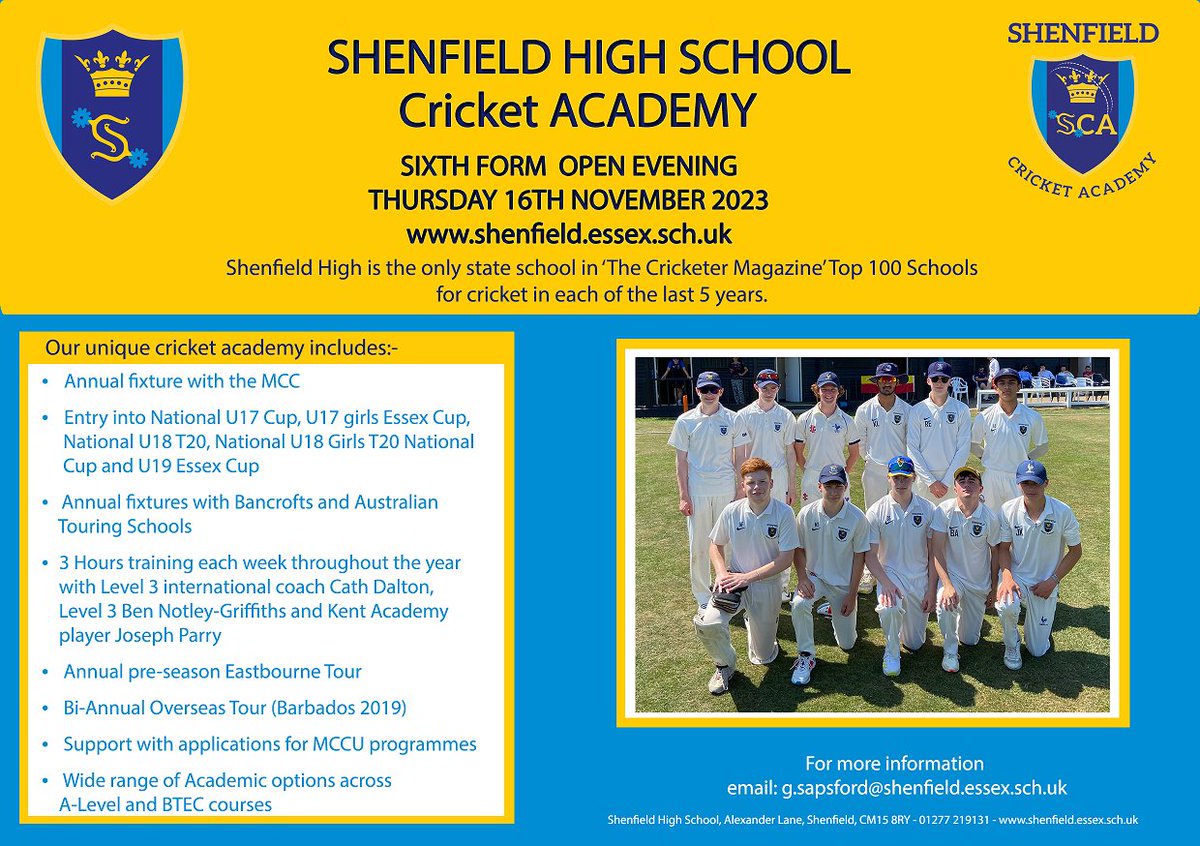 SHSPEDEPT1's tweet photo. Our Cricket Academy has enjoyed significant success over the last 11 years. Enthusiastic Year 11 cricketers can learn more about our programme and academic provision at the @ShenfieldHigh 6th form Open Evening on Nov. 16th. @EssexCCB @cathdalton57 https://t.co/Dp3avNDhmd