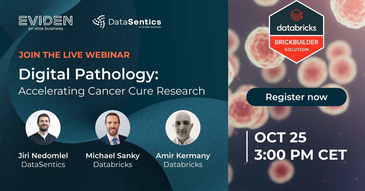 callahanmc's tweet photo. 🖥️ Join our webinar to discover how to accelerate cancer cure research!
Let’s dive into automated medical image analytics, cost-effective analysis and more with #HLS experts Jiří Nedomlel of DataSentics, and Michael Sanky &amp; Amir Kermany of Databricks.
▶ https://t.co/NvTI9JN0ev https://t.co/JFWub8gVJV