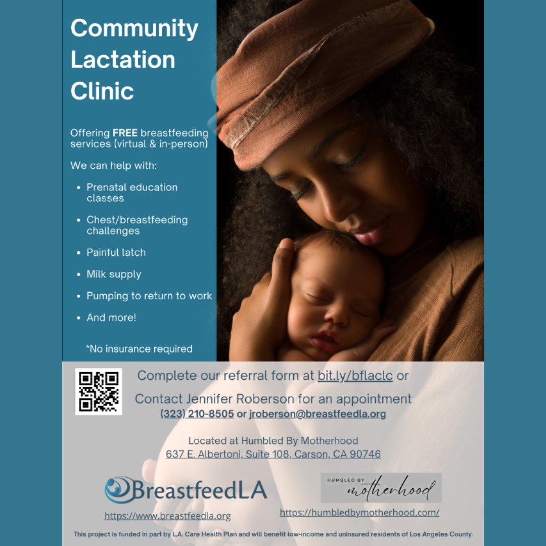 BreastfeedLA's tweet image. BreastfeedLA is excited to announce, in partnership with Humbled By Motherhood, a FREE lactation clinic. This project is funded in part by L.A. Care Health Plan and will benefit low-income and uninsured residents of Los Angeles County. 
#breastfeedla #breastfeeding #chestfeeding