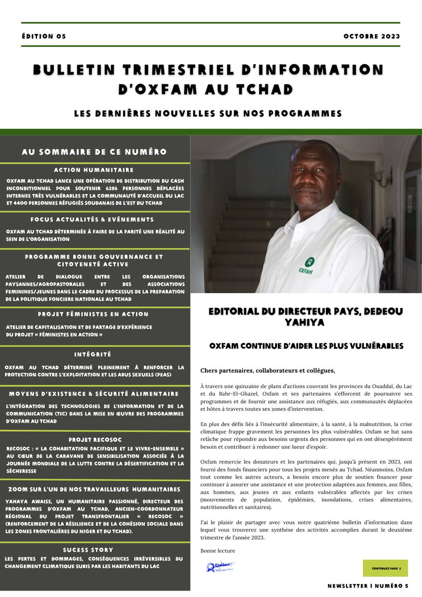 Veuillez trouver le lien de téléchargement du cinquième bulletin d’information trimestriel #05 d’Oxfam au Tchad.

Please find download links for the fifth Newsletter #05, covering Oxfam's main activities in Chad.

👇
reliefweb.int/report/chad/bu…