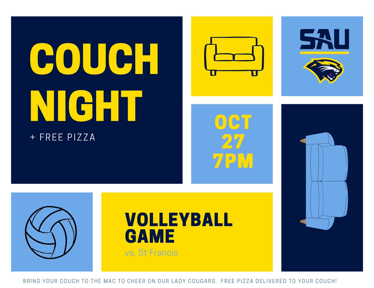 𝙈𝙖𝙠𝙚 𝙥𝙡𝙖𝙣𝙨 𝙩𝙤 𝙟𝙤𝙞𝙣 𝙪𝙨 𝙩𝙝𝙞𝙨 𝙁𝙧𝙞𝙙𝙖𝙮 𝙣𝙞𝙜𝙝𝙩 𝙖𝙩 𝙩𝙝𝙚 𝙈𝘼𝘾!

Bring your couch, sit courtside, enjoy some pizza and cheer on <a href="/SAUCougarsVB/">SAU Volleyball</a> 🛋️🍕