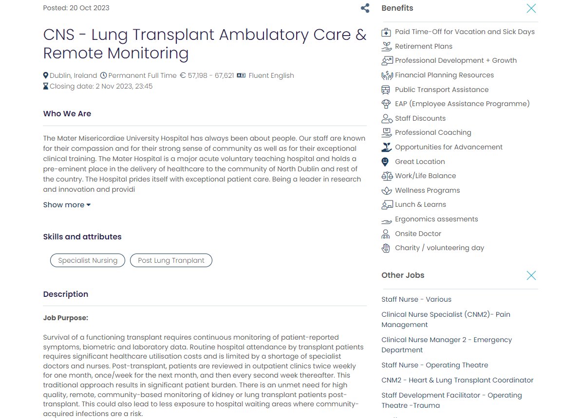 Wonderful news.... we are looking to recruit a CNS in Lung Transplant. This is a great opportunity to come and be part of our dynamic transplant team. #MaterTransplant @MaterNursing @MaterJobs rezoomo.com/job/56869/?sou…