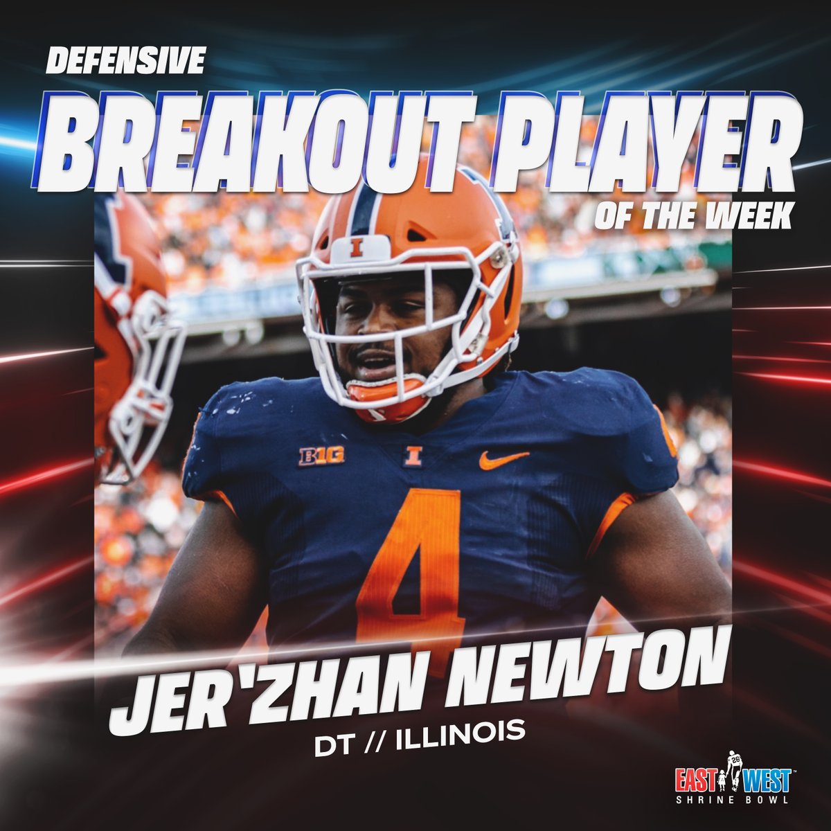 ShrinersBowl's tweet photo. Our Defensive Breakout Player of the Week is Jer'Zhan Newton from @IlliniFootball!

💪 6 tackles
🔥 8 quarterback pressures (@PFF)
💥 1 sack
🔒 First forced fumble of the season

@Johnny5Newton’s eight pressures were the most QB pressures by a DT in any Power-5 game this season.👏 #Illini