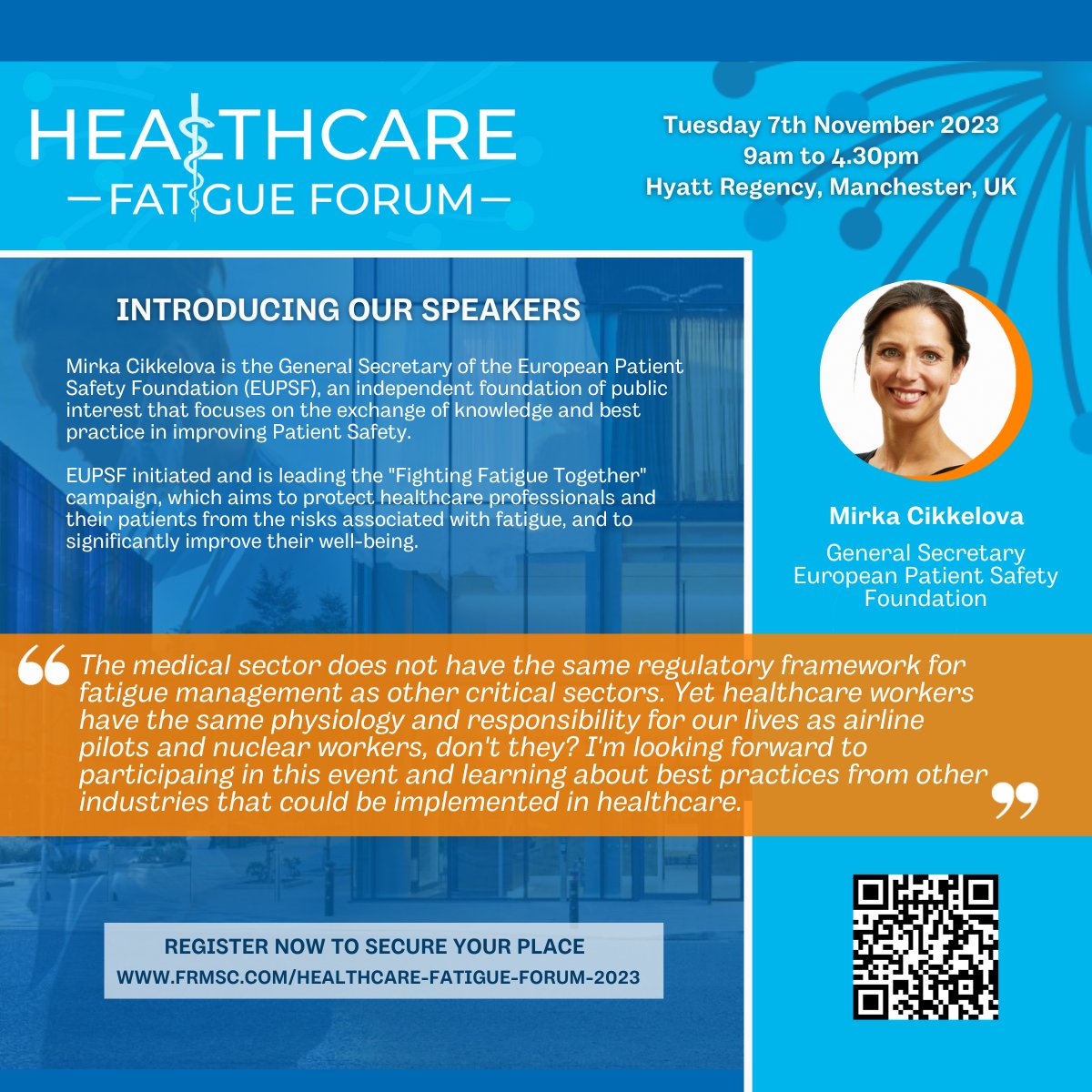 The Healthcare Fatigue Forum is delighted to welcome @MirkaCikkelova 

Mirka will discuss the work the EUPSF have been doing on their #fightfatigue campaign and the work across Member States.

#nhsstaff #healthcarefatigueforum