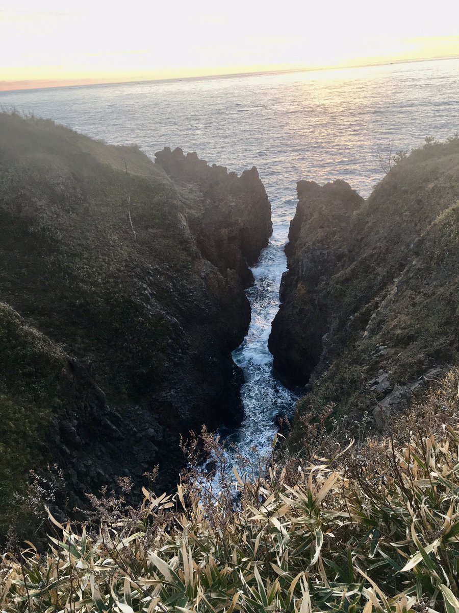 sp500500's tweet photo. 石川県志賀町「義経の舟隠し」
ここは柵が全く無くてスリリング。海に吸い込まれそうな切り立った崖が夕日を受けて美しい。 https://t.co/5ANFFoPjJ4