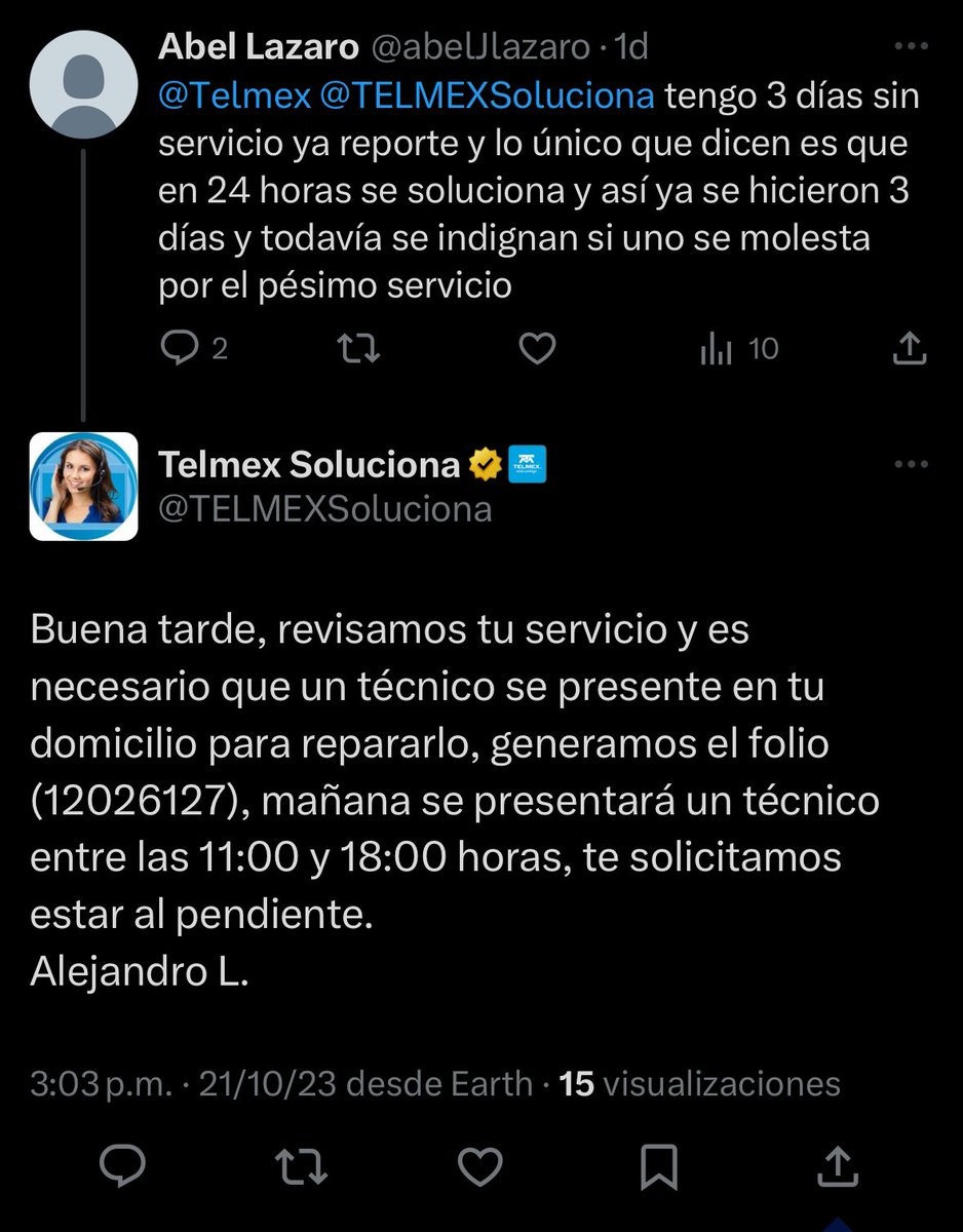 abelJlazaro's tweet photo. Se llegó el plazo nuevamente prometido y ya se hicieron 4 días sin servicio @Profeco  donde @TELMEXSoluciona dijo que el día de ayer iría un técnico a darme solución y al igual que las otras veces no llegó la solución ni el técnico https://t.co/Jr7s3nU6KH