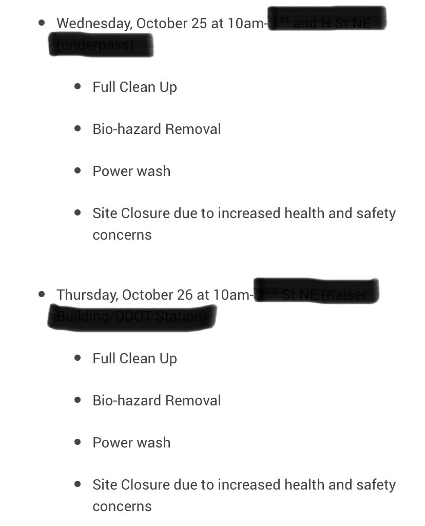 Two encampments we go to each week in the NoMA BID (Business Improvement District) are being evicted this week. Some people have been evicted from numerous camps & are so close to getting housing. Not sure where they will go yet. We will be there to support them & help relocate.