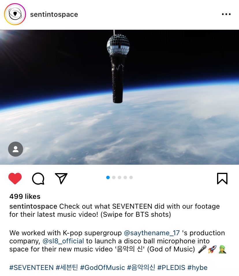 sounds_of_cheol's tweet photo. "we worked with kpop supergroup SEVENTEEN's production company SL8 to launch a disco ball microphone into space for their new music video God of Music" 

wow this is insane.. https://t.co/028tTKupRE