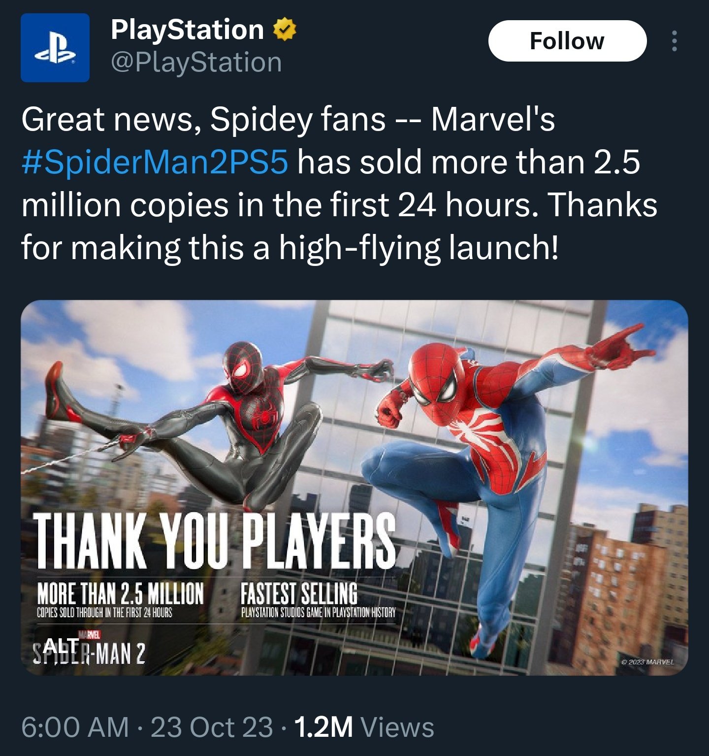 Marvel's Spider-Man 2 sold over 2.5 million copies in 24 hours