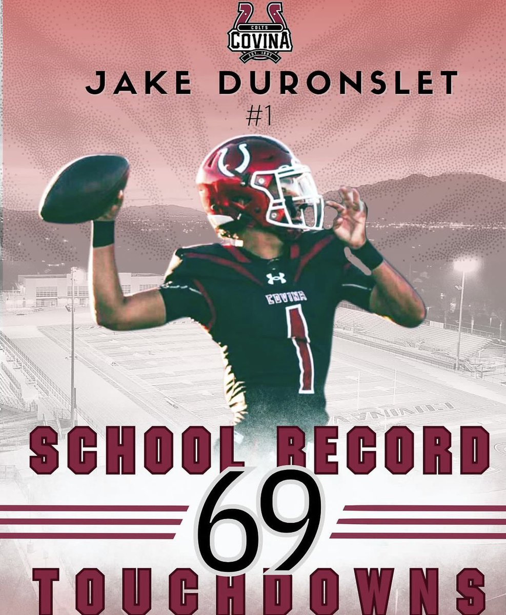 Congrats to @JacobDuronslet on 🏈passing Billy Livingston and now becoming <a href="/CovinaColts/">Covina High School</a> all time TD passing leader… <a href="/Covinafbbooster/">Covina Football Booster Club</a> <a href="/covina_school/">Covina High School Football</a> He still has his senior year and rest of his junior season to add to it!