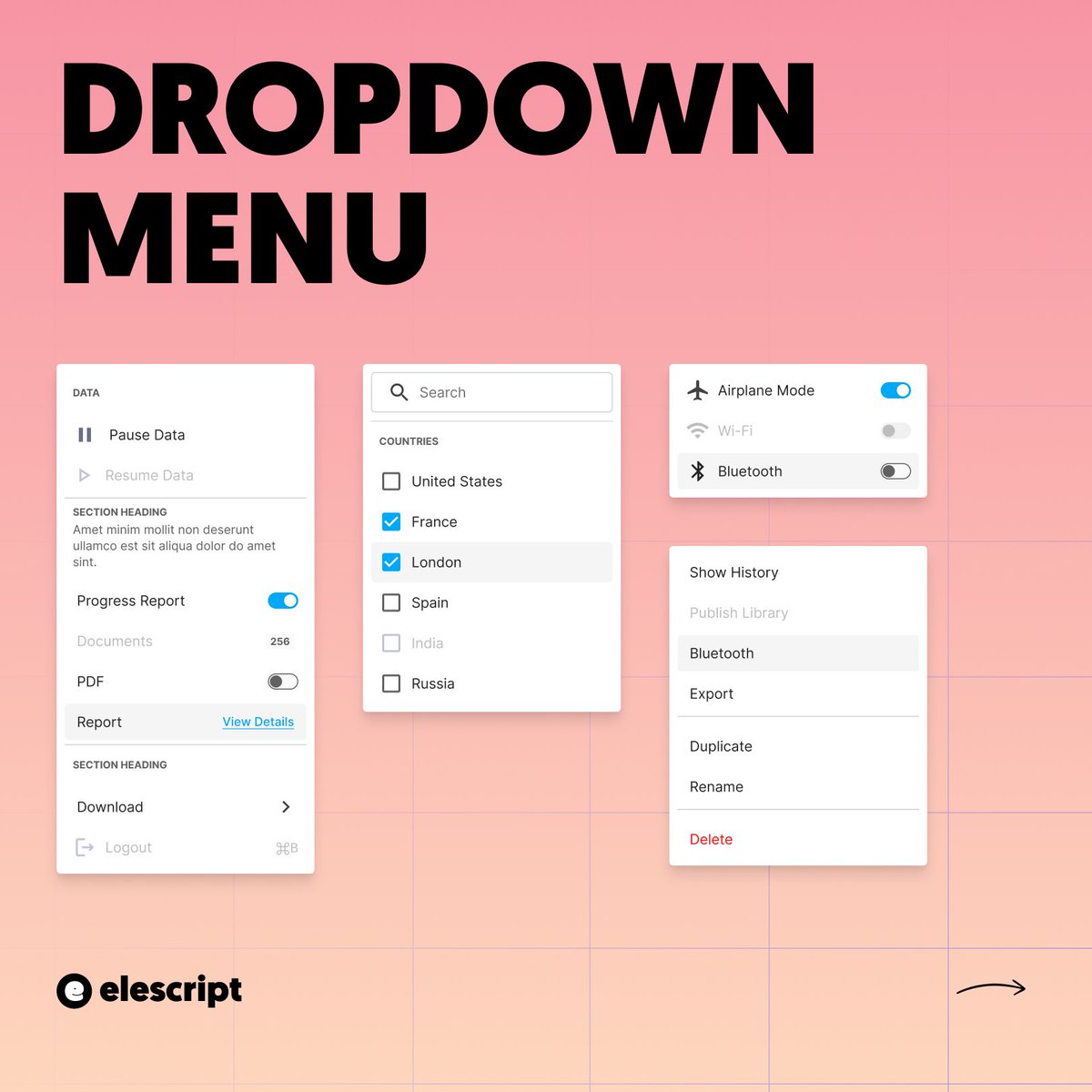 elescript's tweet photo. 🔍 What's your favorite feature of these dropdowns? Share your thoughts below!

Need UX/UI Design for your Web or Mobile app? Get on-demand UX/UI Design done-for-you starting at $990/Month. More info at 🌐 https://t.co/DJ1jUg5yWx
‌
#uxdesign #uidesign #userexperience #uxui https://t.co/IQe8ag3qRY