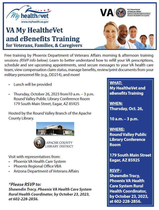 AZVETS's tweet photo. Are you a #Veteran in Apache county? Don't miss the VA My HealtheVet and eBenefits Training on Thursday (10/26) from 10AM-3PM in #Eagar.
#AZVets #Veterans https://t.co/7i91k0qzrB