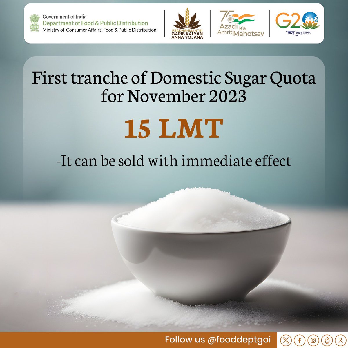 fooddeptgoi's tweet photo. First tranche of domestic sugar quota for November 2023 of 15 LMT is released. https://t.co/QnP10SumP0